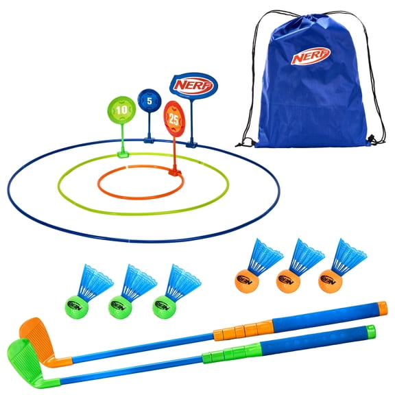 NERF Birdie Golf Game - Fun Backyard Golf Game - Practice your Chipping Game - Complete Set with Golf Clubs, Scoring Rings, Birdie Balls & Carry Bag