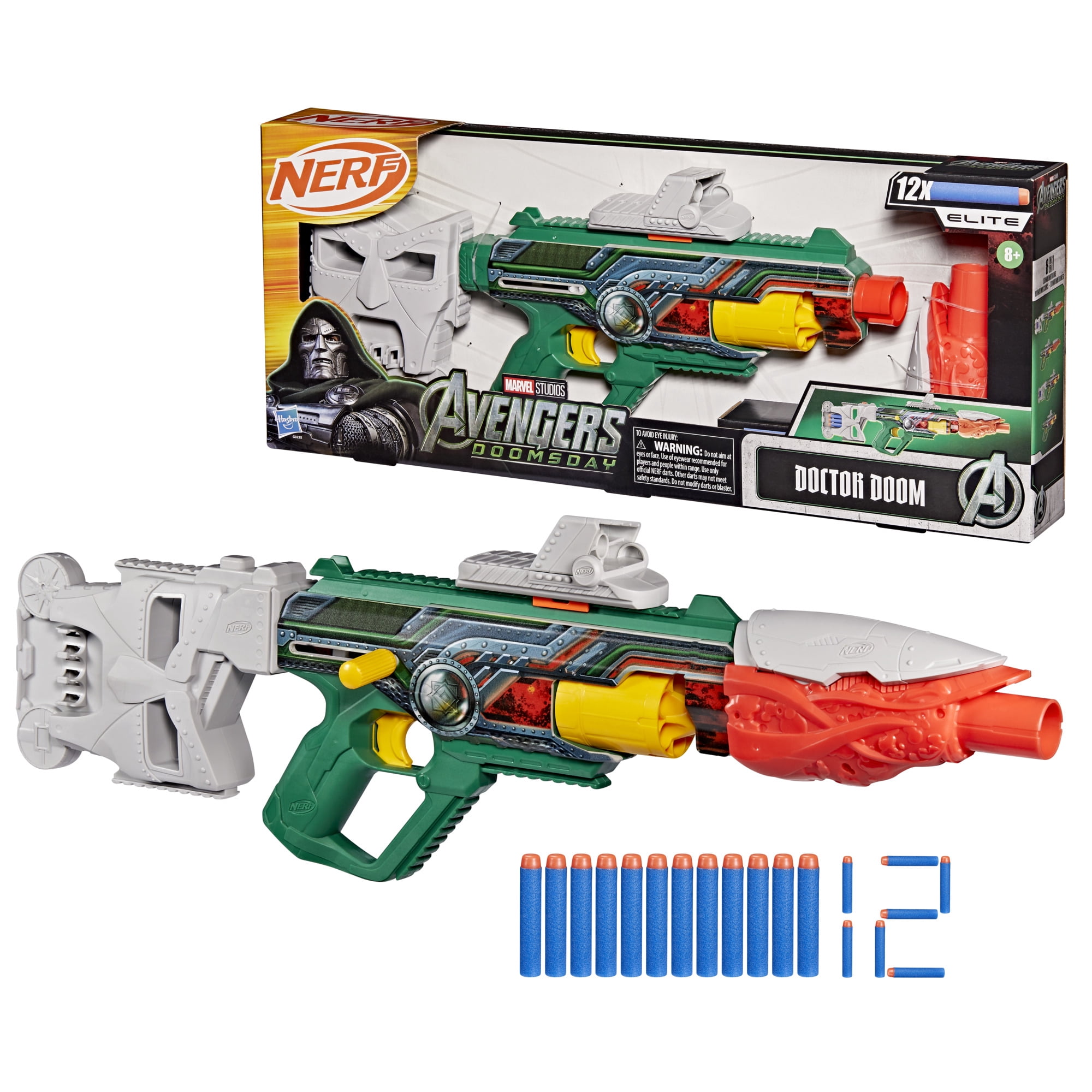 Nerf Marvel Doctor Doom Blaster with Scope, Barrel, Stock & 12 Elite Darts for Outdoor Play