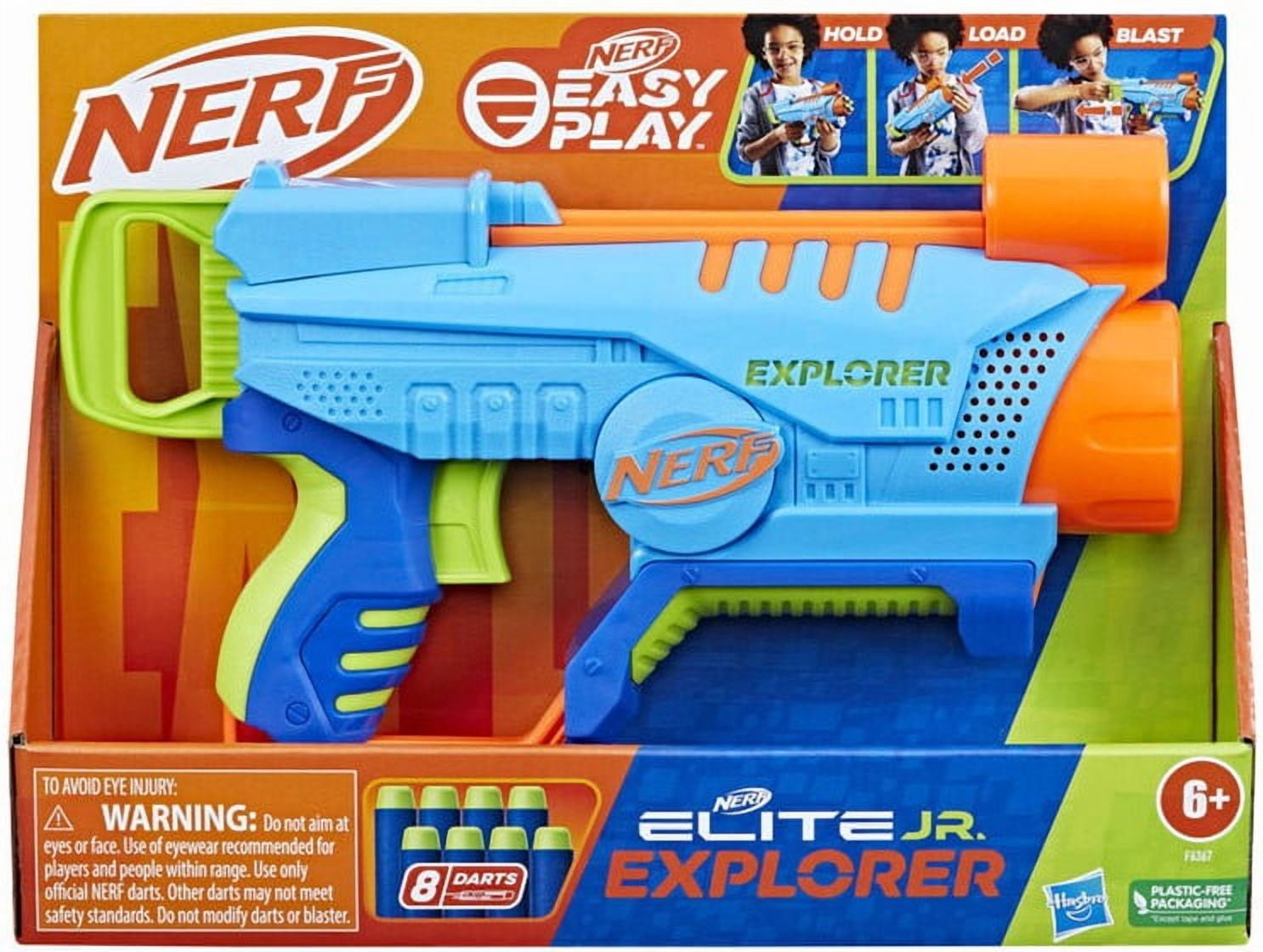 Nerf Elite Junior Explorer Easy-Play Toy Blaster, Easy Hold & Load & Blast, 8 Nerf Elite Darts