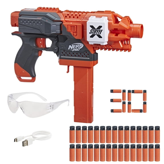 NERF Pro Stryfe X Dart Semi-Auto Blaster, Rechargeable LiPo Battery, 30 AccuStrike Half-Length Darts, 15-Dart Magazine, 150 FPS, Eyewear, 14+ ( Exclusive)