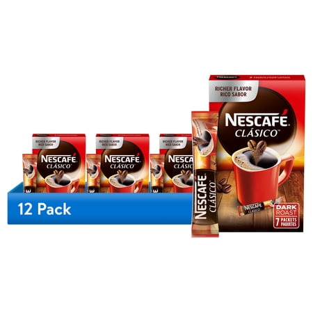 (12 pack) NESCAFÉ CLÁSICO, Instant Coffee Packets, Dark Roast, 1 Box (7 Packets)
