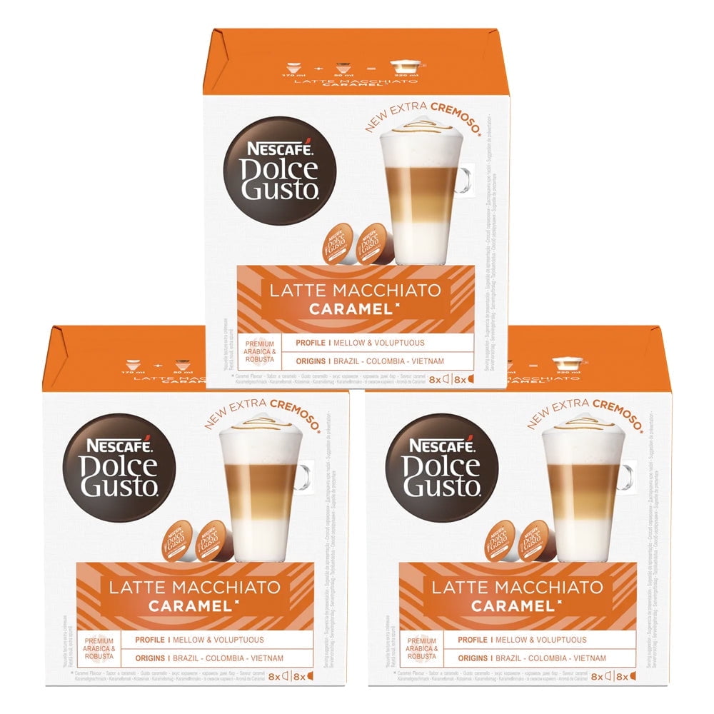 NESCAFE DOLCE GUSTO Latte Macchiato Caramel Coffee Pods x16 (Pack of 3, Total 48 Pods)
