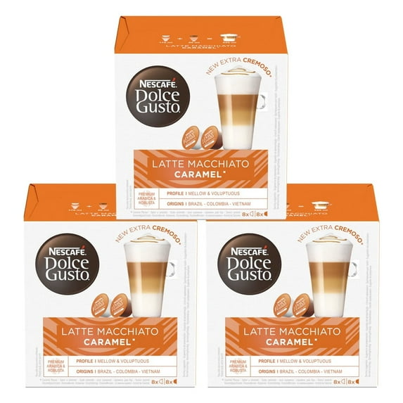 NESCAFE DOLCE GUSTO Latte Macchiato Caramel Coffee Pods x16 (Pack of 3, Total 48 Pods)