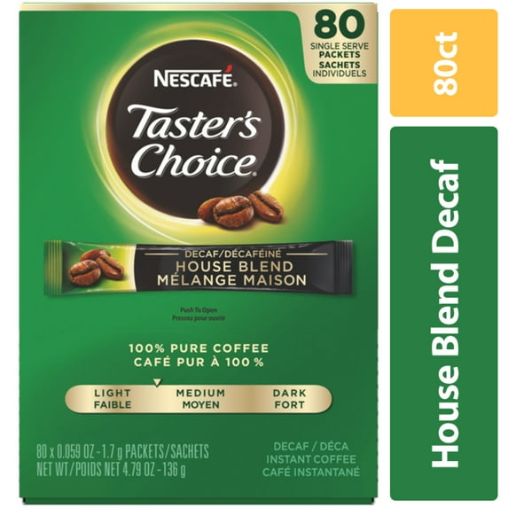 NESCAFE Decaf Taster's Choice Medium Light Roast Instant Coffee, 0.06oz 80 Packets