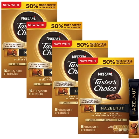 NESCAFE Taster's Choice Hazelnut Instant Coffee Flavored, Medium Dark Roast Instant Coffee Single Serve Packets, 16 Count (Pack of 4)