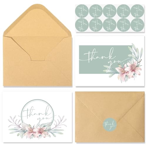 Crisky Green Thank You Cards With Envelopes & Stickers, 50 Pack Bridal Shower Graduation Thank You Cards Small Business, Wedding Baby Shower Birthday Funeral Notes Bulk - View #2