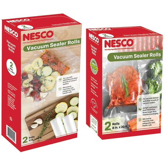 NESCO Custom Length Vacuum Seal Bags, 4-Rolls (8" & 11" Widths) 80 Ft Total, Extra Thick & Tear Resistant, Cut-to-Size VacSeal Bags for Bulk Meats, Game Processing & Heavy Duty Freezer Storage