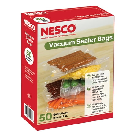 NESCO Pre-Cut Vacuum Seal Bags, 50ct Quart (8"x12"), Extra Thick & BPA-Free, Vacuum Pack Sealer Bags for Sous Vide Cooking, Meal Prep & Long Term Freezer Storage