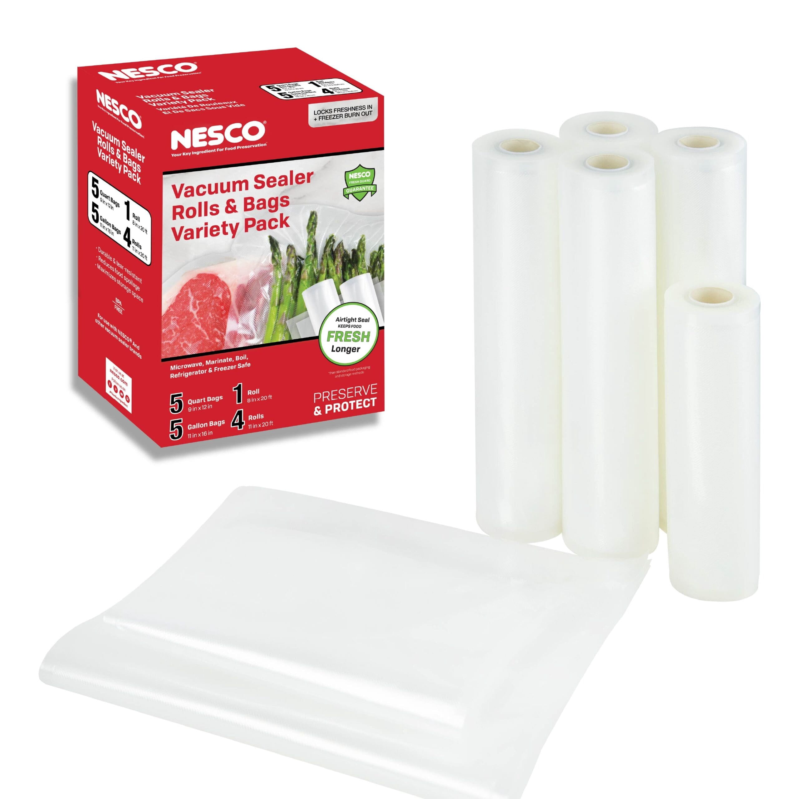 NESCO Vacuum Seal Bag and Roll Variety Pack, 5 Pre-Cut Quart, 5 Pre-Cut Gallon, and 1 Roll