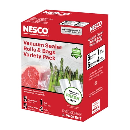 NESCO® Vacuum Seal Bag and Roll Variety Pack, 5 Pre-Cut Quart, 5 Pre-Cut Gallon, and 1 Roll
