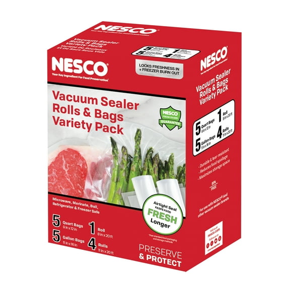NESCO Vacuum Seal Bag and Roll Variety Pack, 5 Pre-Cut Quart, 5 Pre-Cut Gallon, and 1 Roll
