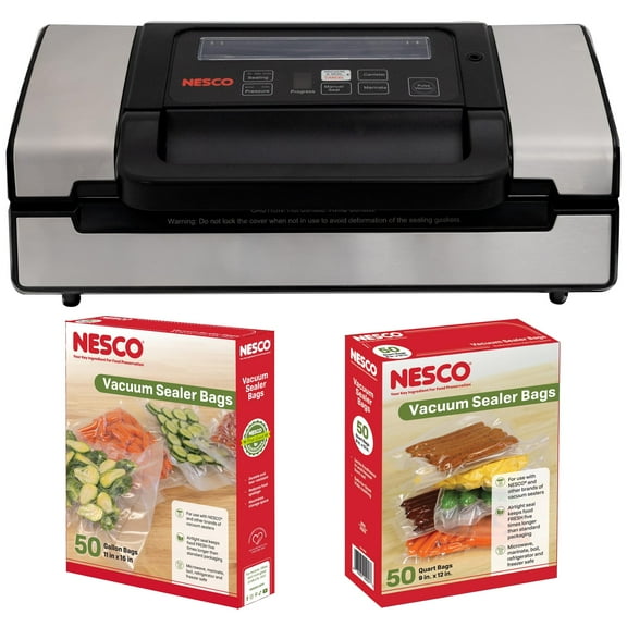 NESCO® VS-12 Deluxe Vacuum Sealer & 100 Pre-Cut Bags Bundle, Heavy-Duty Food Sealer Kit with 50 Quart + 50 Gallon Bags for Meat Storage, Meal Prep & Sous Vide