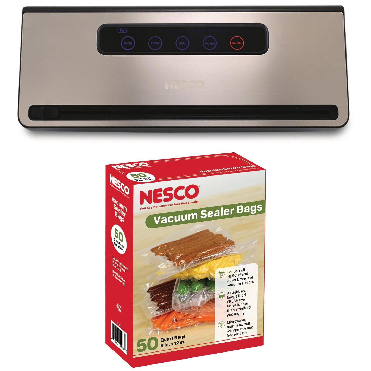 NESCO Vacuum Sealer Machine With 50 Quart Pre-Cut Bags, Automatic Food Saver For Meal Prep and Freezer Storage