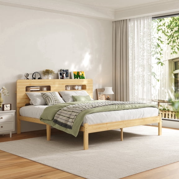 Neslime 14 inch King Size Bamboo Bed Frame with Storage Headboard, Heavy Duty Bed Frame with Mattress Non-Slip Stoppers, Metal Slats Support, Natural