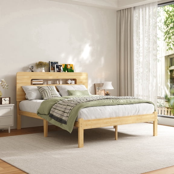 Neslime 14 inch Queen Size Bamboo Bed Frame with Storage Headboard, Heavy Duty Bed Frame with Mattress Non-Slip Stoppers, Metal Slats Support, Natural