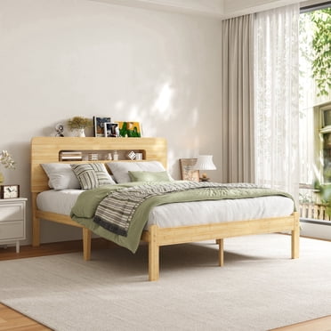 Neslime 14 inch Queen Size Bamboo Bed Frame with Storage Headboard, Heavy Duty Bed Frame with Mattress Non-Slip Stoppers, Metal Slats Support, Natural