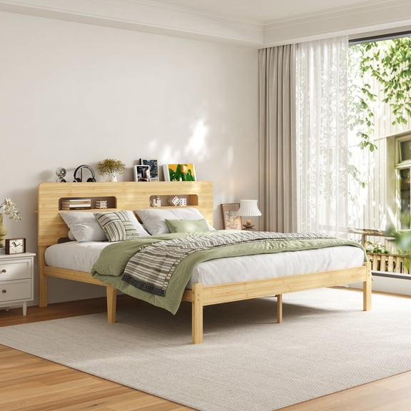 Neslime 14 inch King Size Bamboo Bed Frame with Storage Headboard, King Heavy Duty Bed Frame with Mattress Non-Slip Stoppers, Metal Slats Support, Natural