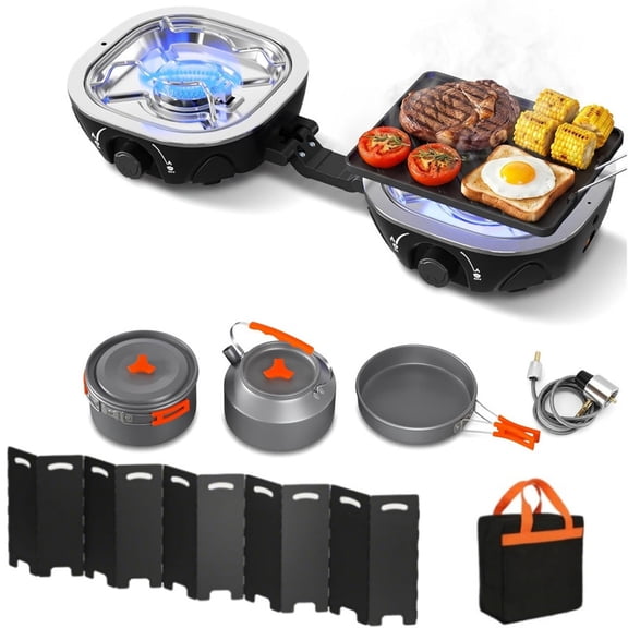 NESSXA Double Burner Portable Camping Stove with 20,000 BTU Output, Lightweight Propane Cookset with Windscreen, Grill Pan, Kettle, Pots, and Gas Adapter Hose,Black