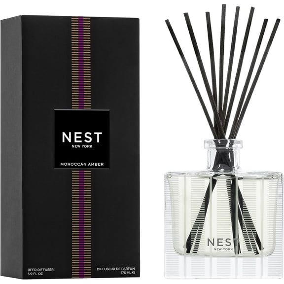NEST New York Reed Diffuser, Moroccan Amber - 5.9 fl oz Fragrance for Up to 90 Days Reusable, Refillable Glass Holder Includes 8 All-Natural Sticks Flame Free