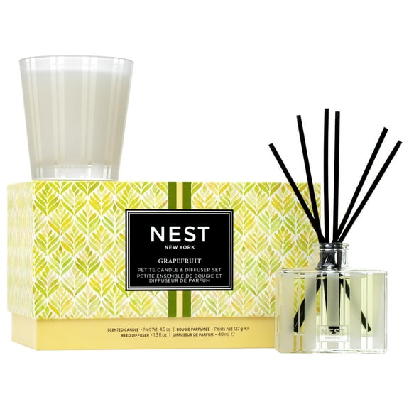 NEST New York Scented Petite Candle (4.5 oz) & Diffuser (1.3 fl oz) Set, Grapefruit - Reusable Glass Vessel - Vegan, Cruelty Free
