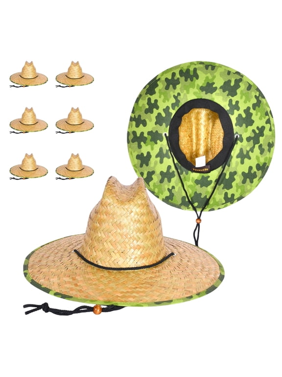 6 Pack Straw Hats for Men and Women, Camo Lifeguard Straw Hat with Wide Brim Sun Protection for Beach Fishing Gardening Boating