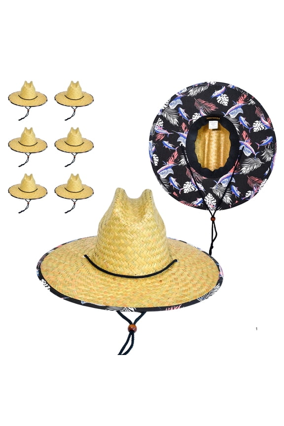 Straw Hats for Men Women 6 Pack, Lifeguard Straw Hat with Tropical Under Brim, Wide Brim Straw Sun Hats for Beach Fishing Gardening