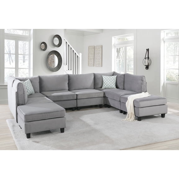 NESTIA 120" Gray Velvet 8-Piece Modular Sectional Sofa