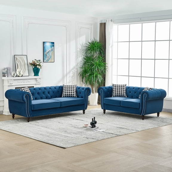 NESTIA 3+2 Seater Velvet Chesterfield Sofa with Roll Arms and Nailhead, Blue
