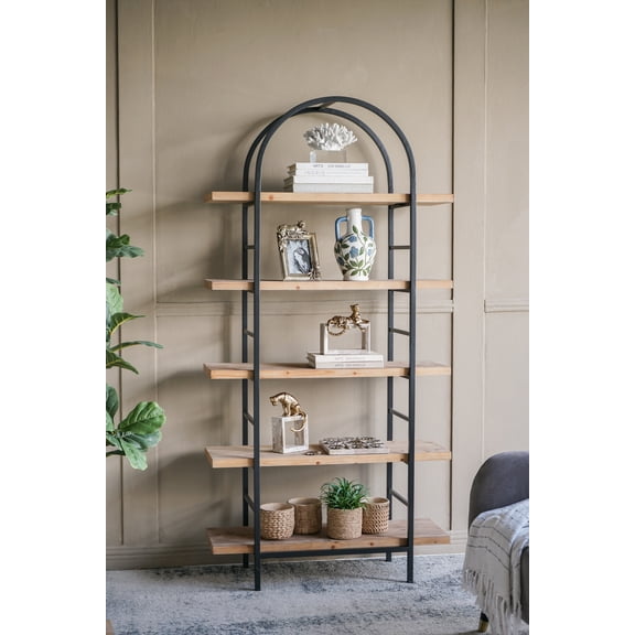 NESTIA 35.6 x 13.6 x 70.9 Inch Tall Arched Wood and Iron Display Shelf with Black Frame, 5 Tier Open Bookshelf, Modern Industrial