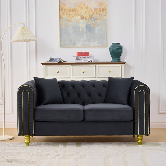 NESTIA 63" Modern 2-Seater Velvet Chesterfield Sofa with Gold Legs, Black