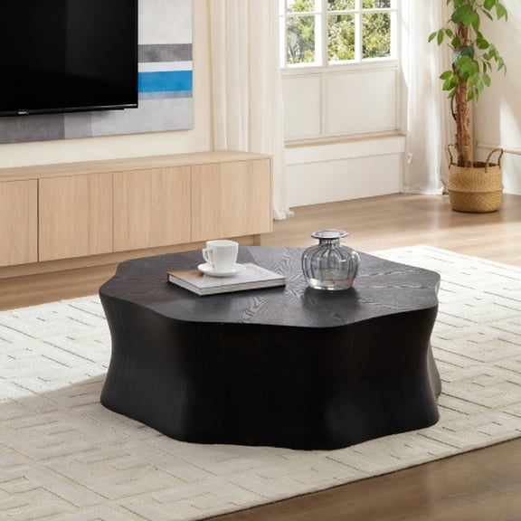NESTIA Black Petal Coffee Table with Fiberglass Surface and Birch Wood Grain Veneer