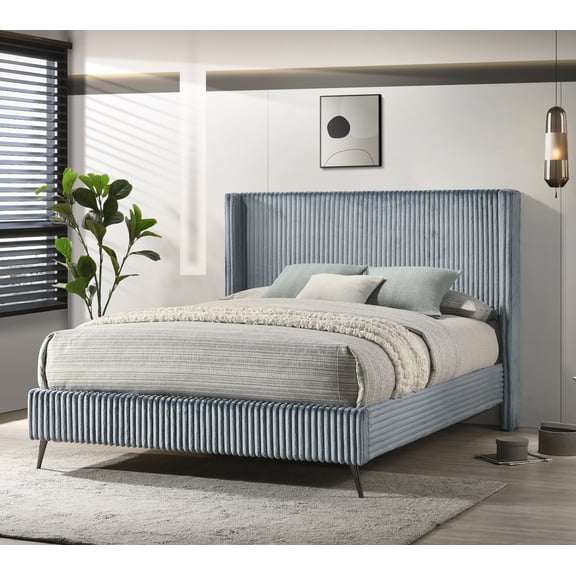 NESTIA Mavela Wide Wale Corduroy Upholstery Panel Queen Bed, Blue