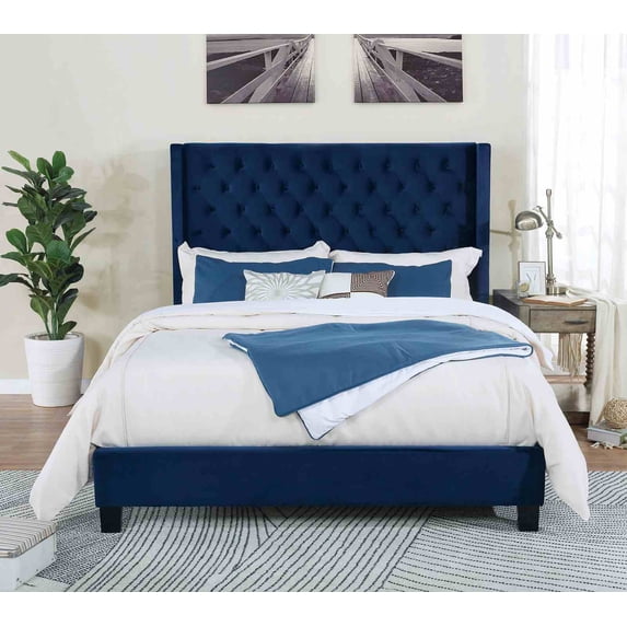 NESTIA Modern Bedroom Furniture Navy Queen Size Bed, Upholstered Frame ...