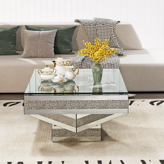 NESTIA Modern Glam Mirrored Glass Coffee Table with Acrylic Diamond, Square Three-Layer