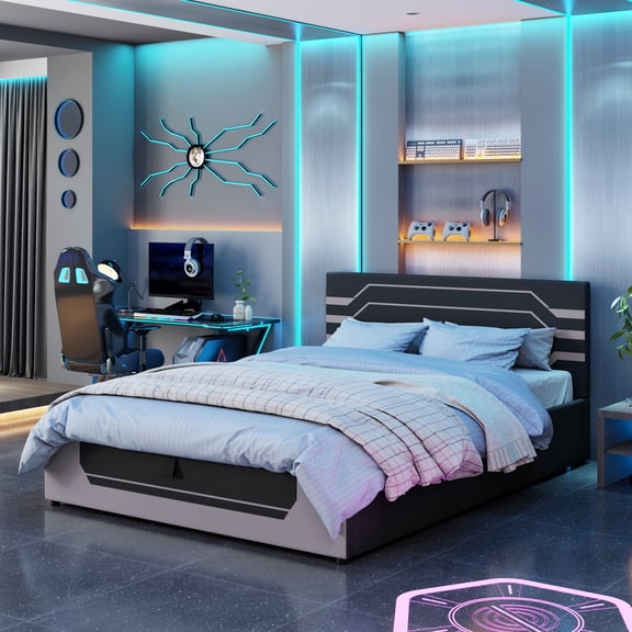 NESTIA Modern Queen Size Hydraulic Storage Gaming Bed Frame, Esports Design with Cyberpunk Aesthetics, Platform Bed for Gamers and Gen Z, Black and Gray