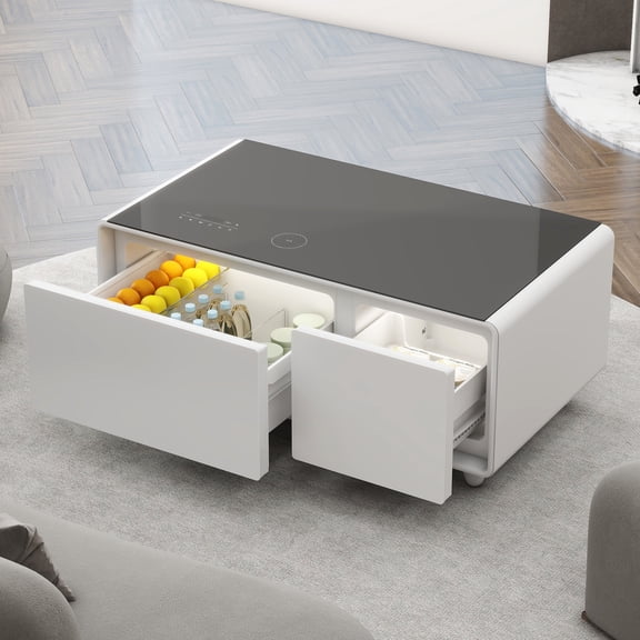NESTIA Modern Smart Coffee Table with Built-In Fridge, Bluetooth and Wireless Charging, White
