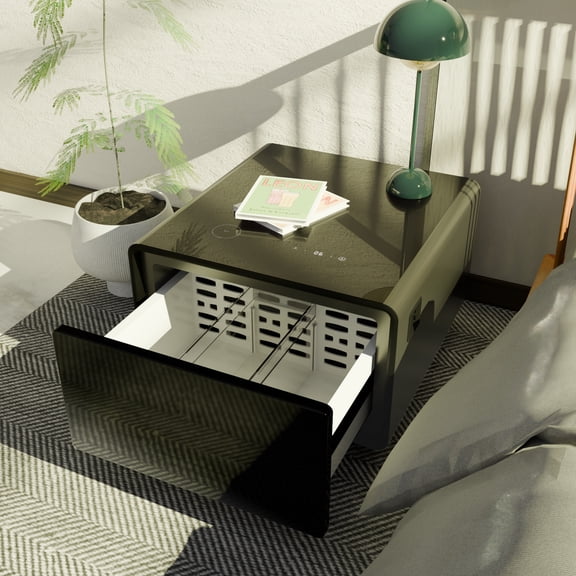 NESTIA Modern Smart Side Table with Built-In Fridge, Wireless Charging and USB Ports, Black