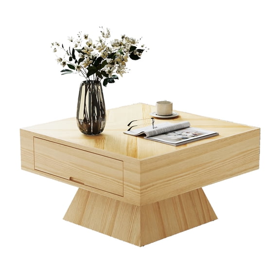 NESTIA Square Veneer-Top Coffee Table with Drawer and Pedestal Base, Weathered Natural
