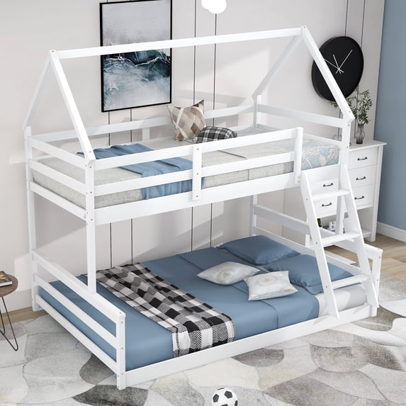 NESTIA Twin Over Full House Bunk Bed with Built-In Ladder, White ...