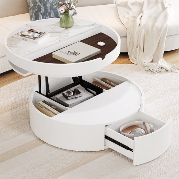 NESTIA White Round Lift Coffee Table with 1 Drawer, 29.5 Inch, Marble Veneer and Wood Grain