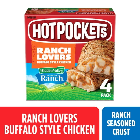 Hot Pockets Ranch Lovers Buffalo Style Chicken, Hidden Valley Ranch, Sandwich Snacks, 17 oz, 4 Pack (Frozen)