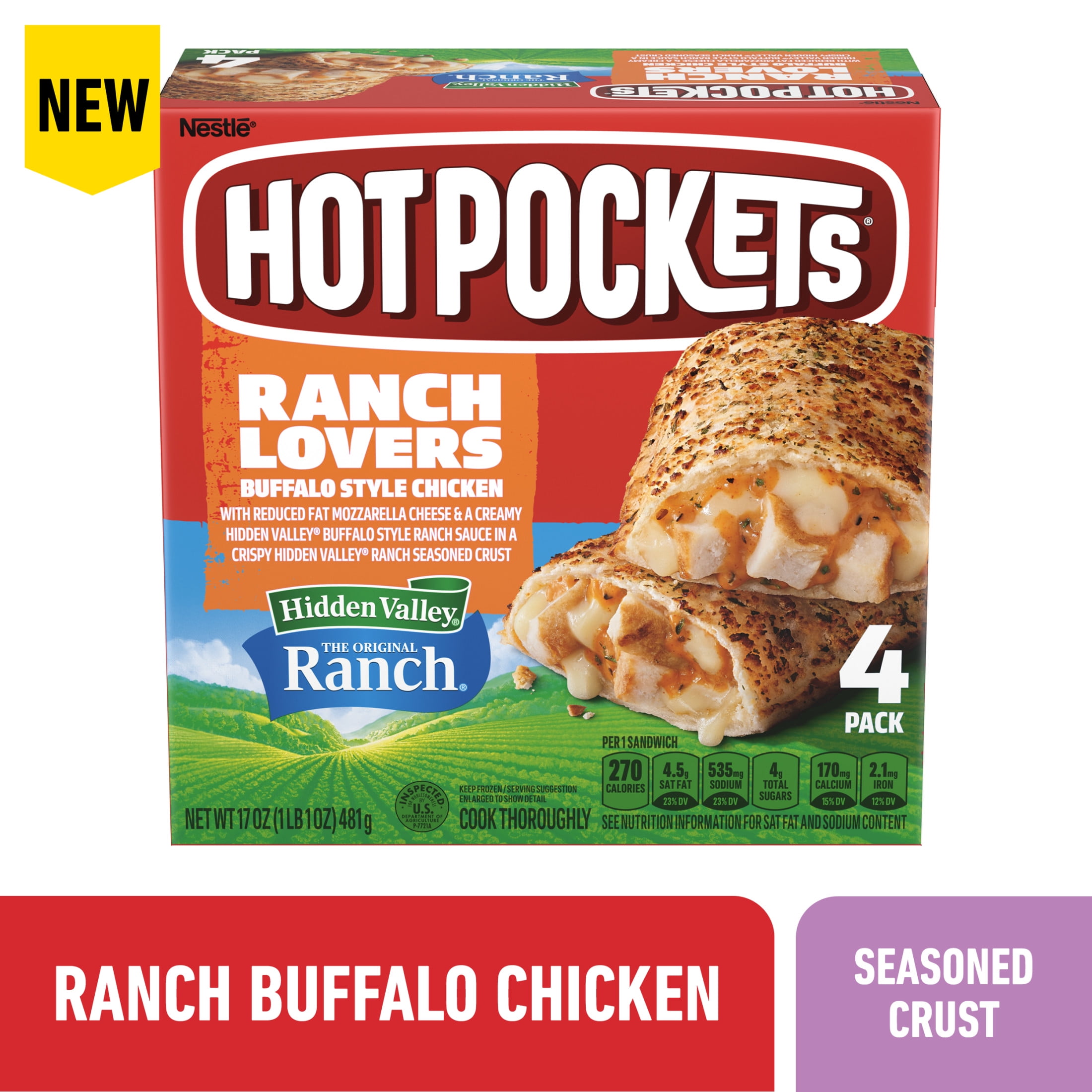 Hot Pockets Ranch Lovers Buffalo Style Chicken, Hidden Valley Ranch, Sandwich Snacks, 17 oz, 4 Pack (Frozen)