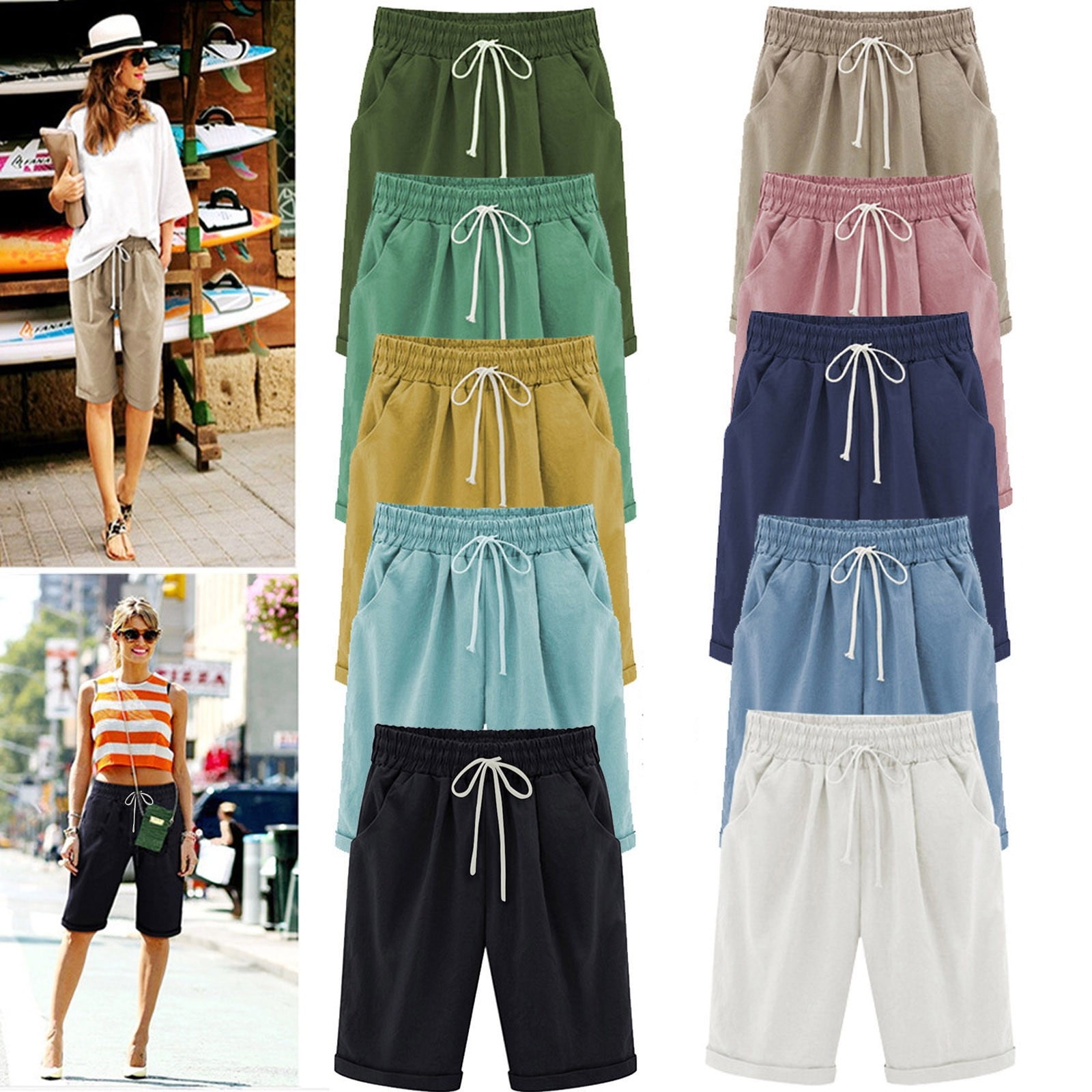 NESTVEST Women's Large Size Summer Solid Five Points Cotton Linen Pants ...