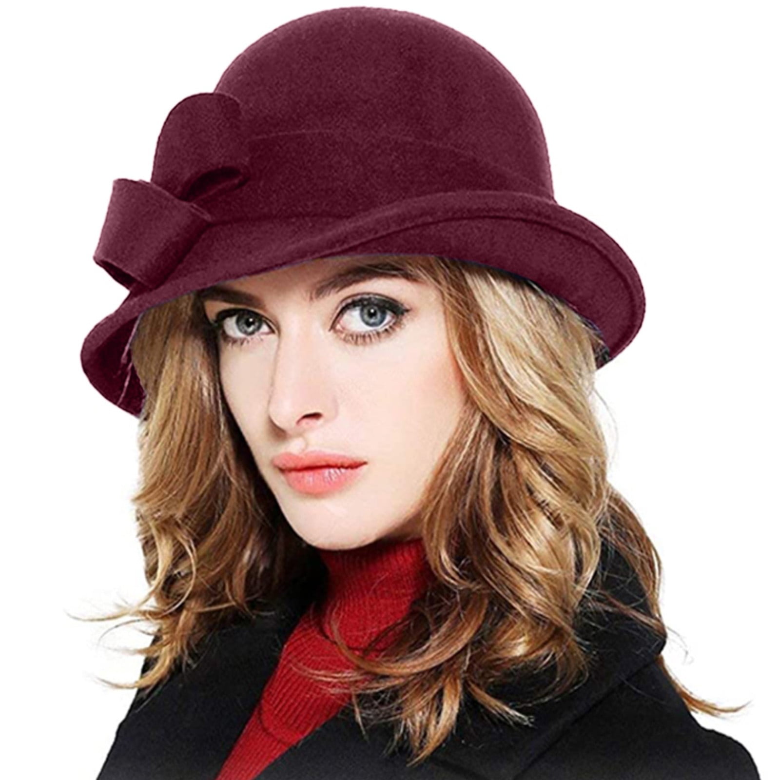 NESWOIZI Women Solid Color Autumn And Winter Hat Wool Bucket Wide Brim Hat With Bow Fashion
