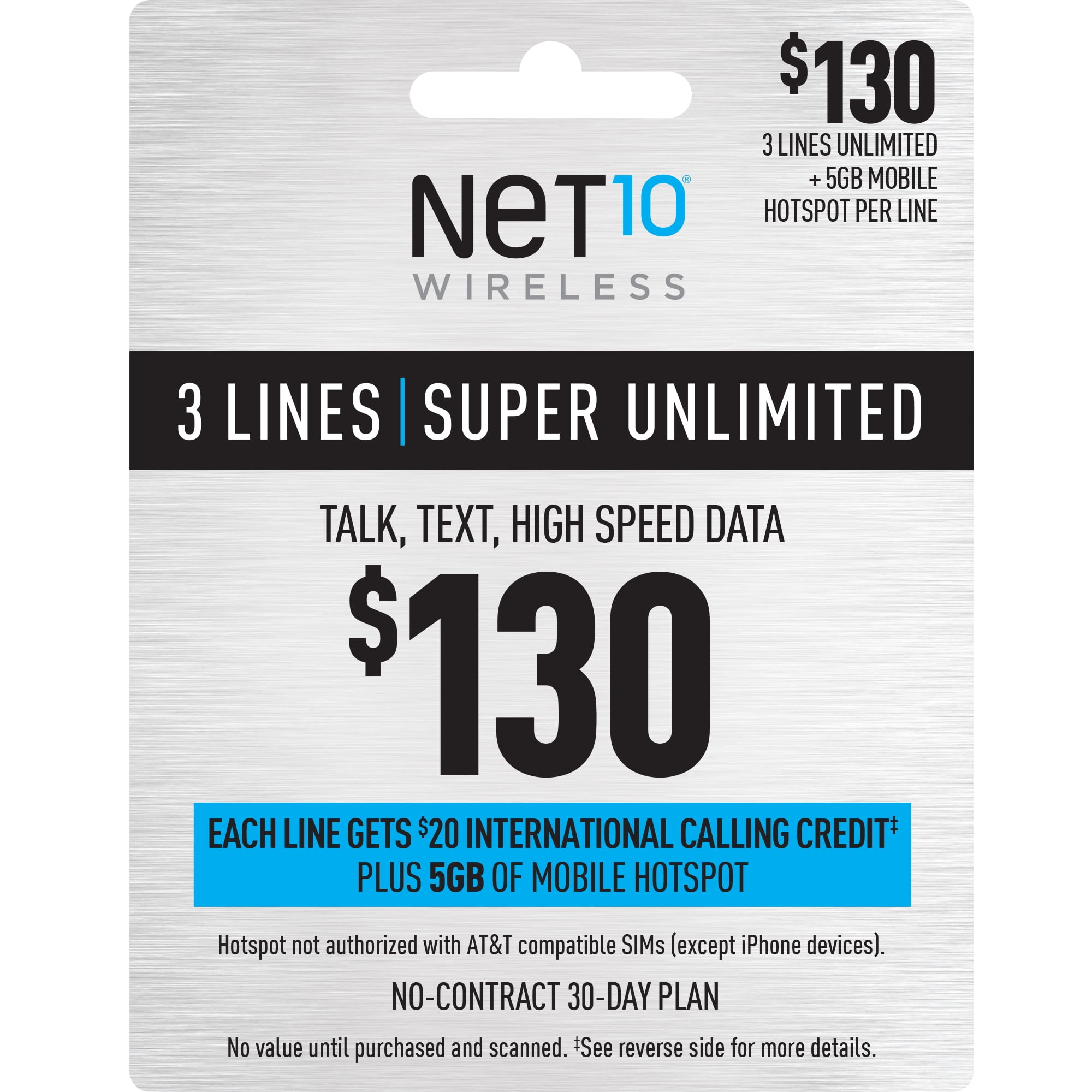 NET10 Wireless $130 Unlimited Family & Friends 30-Day Plan for 3 Lines with Int'l Calling Credit + of Mobile Hotspot e-PIN Top (Email Delivery) - Walmart.com