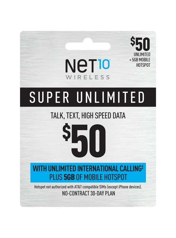 NET10 Wireless $50 Super Unlimited Talk, Text, Data 30 Day Plan with Int'l Calling Credit + 5GB of Mobile Hotspot Direct Top Up