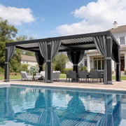 NETAJE 12x20 Hardtop Louvered Pergola, Aluminum Outdoor Pavilion with Adjustable Louvered Roof & Drainage System, Permanent Gazebo with Curtains and Netting for Patio, Garden, Decks