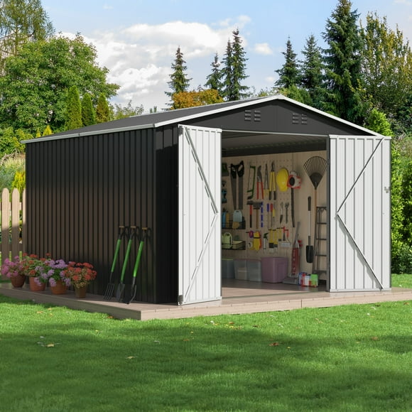 NETAJE 10'x10' Outdoor Metal Shed with Updated Frame, Lockable Doors & Sliding Roof for Backyard, Garden, Gray