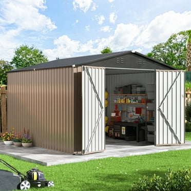 NETAJE 10'x10' Outdoor Metal Storage Shed with Updated Frame Structure and Lockable Doors for Backyard, Garden, Patio, Lawn, Brown