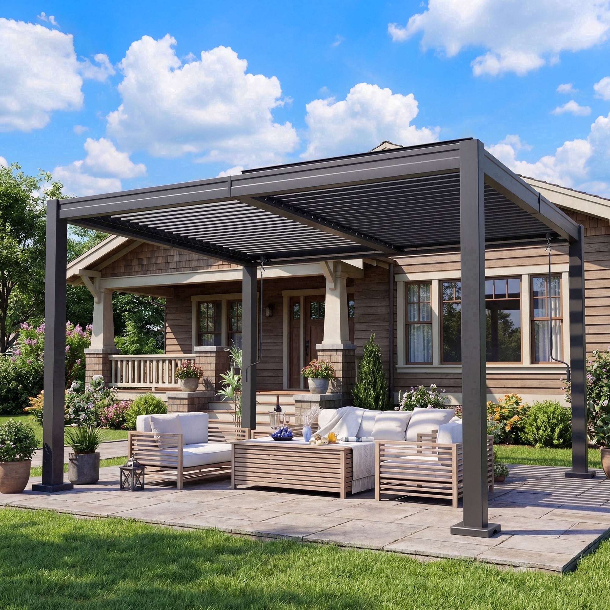 NETAJE 10'x12' Hardtop Louvered Pergola, Outdoor Metal Pavilion with Adjustable Louvered Roof and Drainage System for Patio, Garden, Decks, Backyard